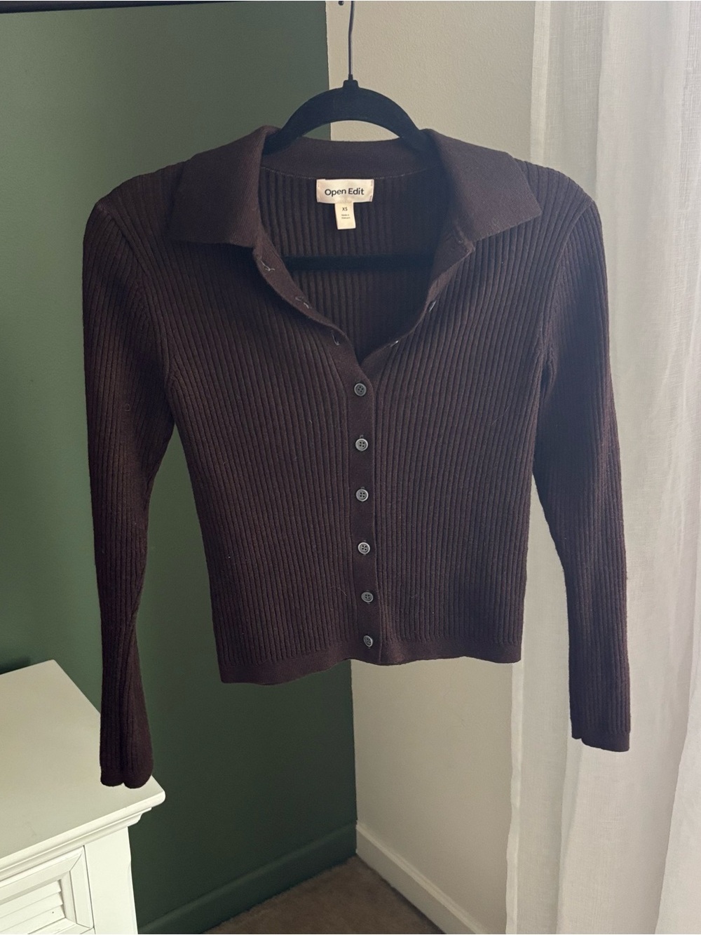 Collared Rib-Knit Button Cardigan - Brown - Picture 2 of 4